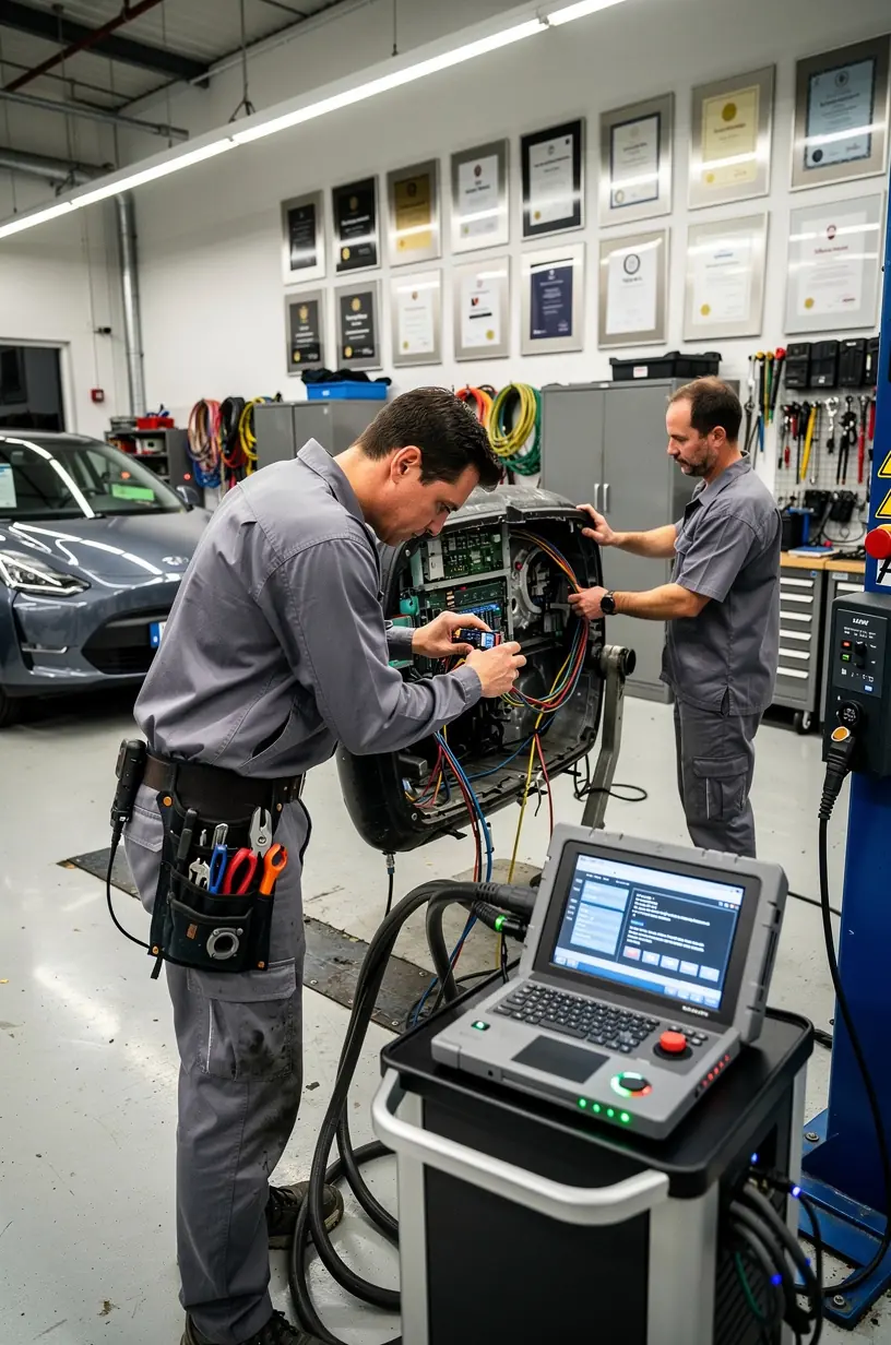 Elektronische Steuerungseinheit eines Fahrzeugs wird von einem Experten analysiert.