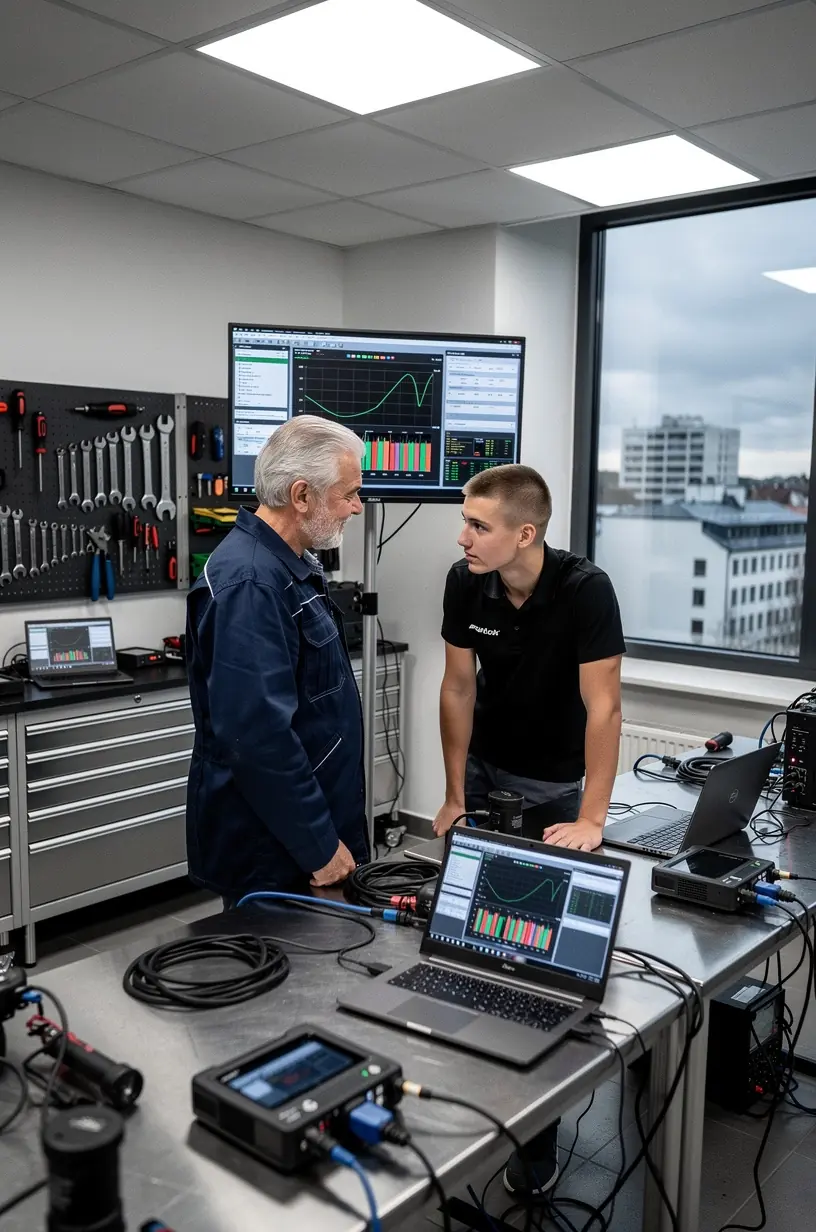 Nahaufnahme eines digitalen Diagnosegeräts, das Fehlercodes im Fahrzeugsteuergerät anzeigt.